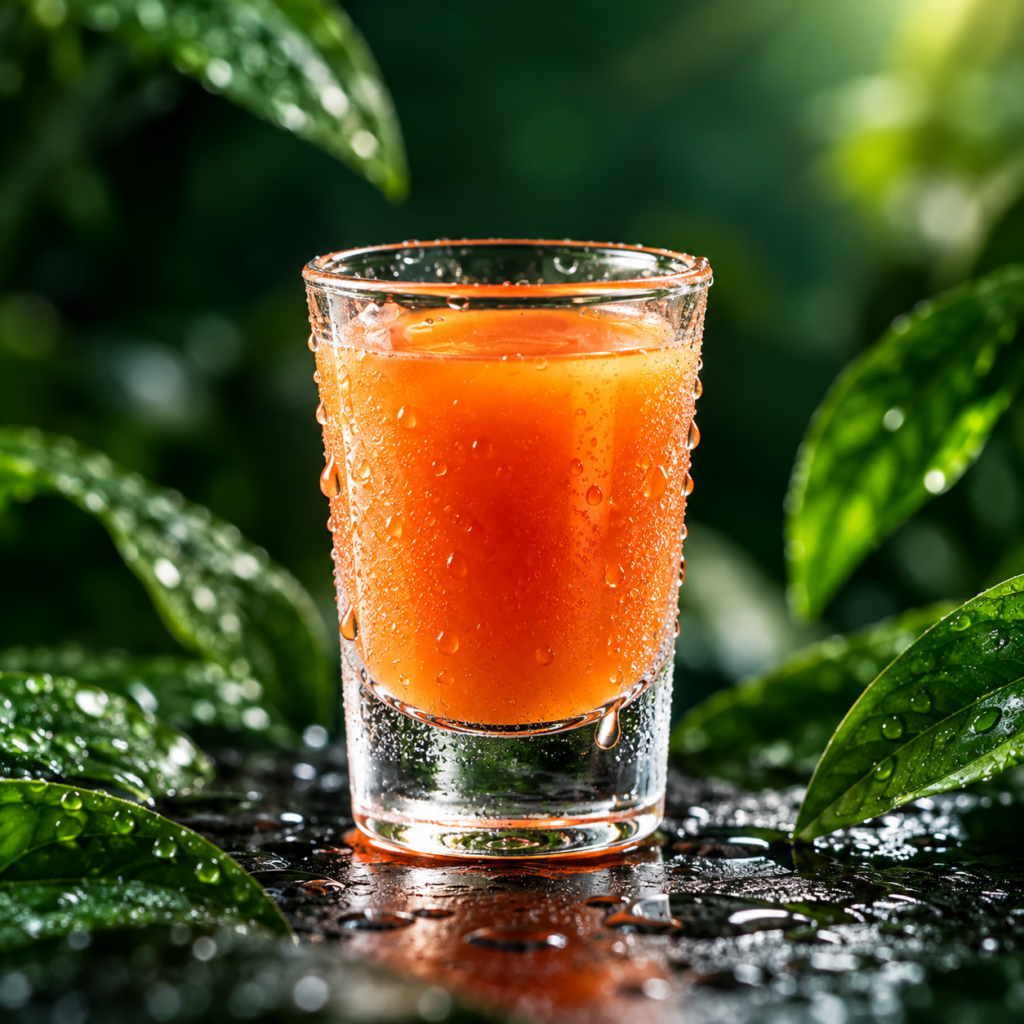 kondensierter orangen shot im tropenlaub